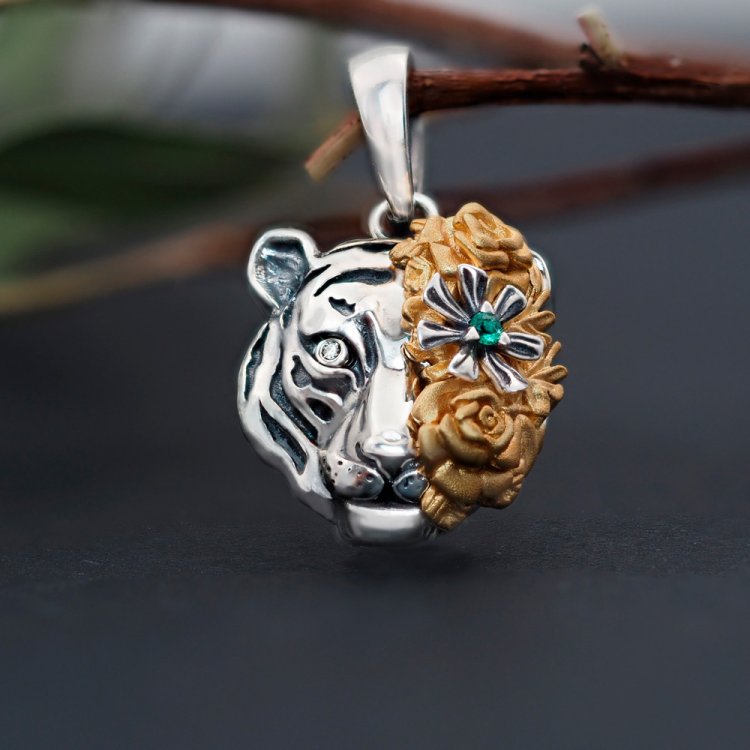 Tiger in Flowers Pendant Necklace