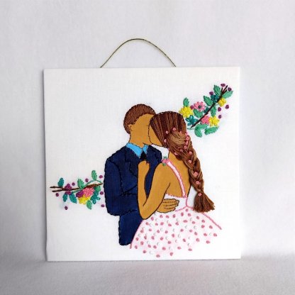 Couple in love Embroidery on cardboard canvas