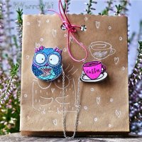 Owl and a Cup of Coffee Double Brooch