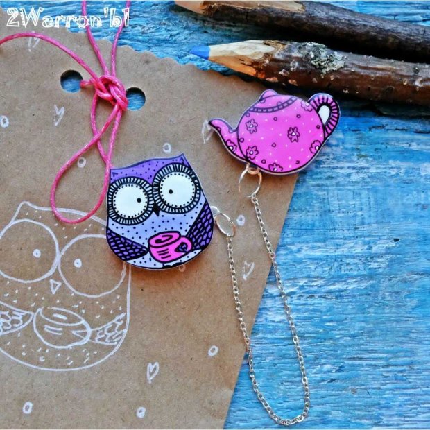 Owl and Teapot Double Brooch