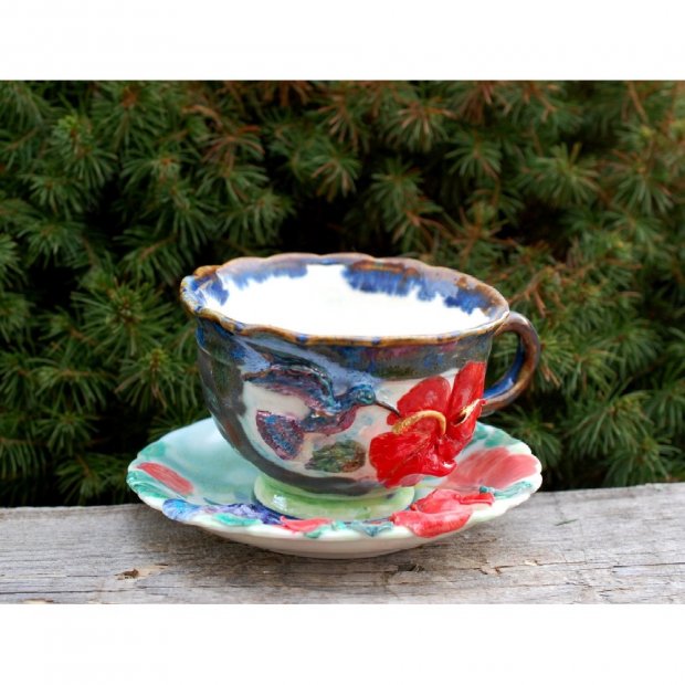 Hibiscus And Hummingbird Mug With Saucer