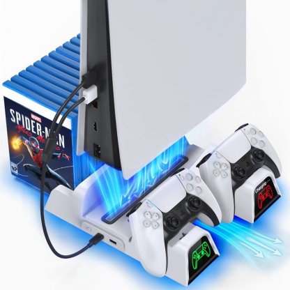 OIVO Stand with Suction Cooling Fan and Dual Controller Charger Station for Playstation 5 and 12 Games Storage (White)