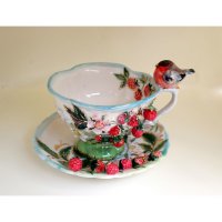 Raspberry And Bullfinch Mug With Saucer