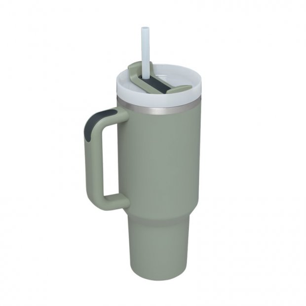 40 oz Insulated Stainless Steel Tumbler with Handle & Straw (Bay leaves)