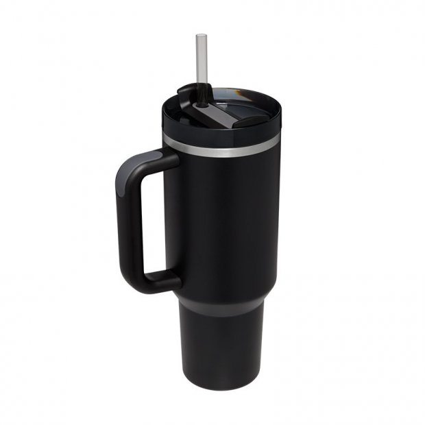 40 oz Insulated Stainless Steel Tumbler with Handle & Straw (Black)