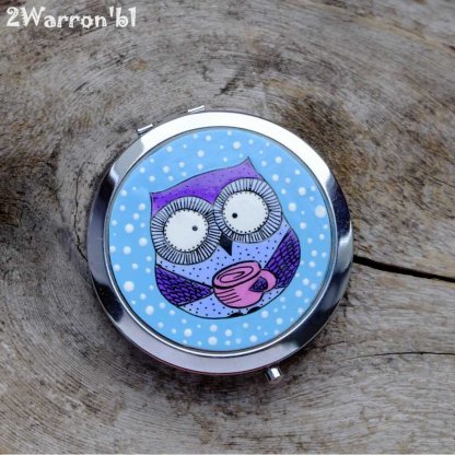 Owl with Coffee Pocket Mirror