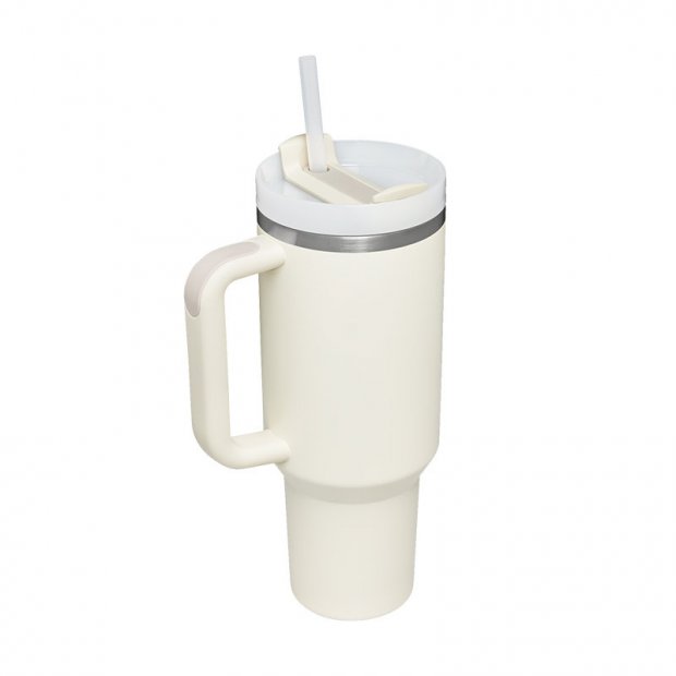 40 oz Insulated Stainless Steel Tumbler with Handle & Straw (Cream white)