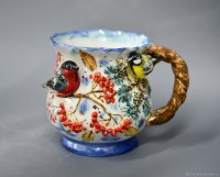 Handmade Porcelain Mug with Bullfinch & Tit Decoration