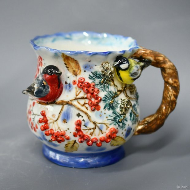 Handmade Porcelain Mug with Bullfinch & Tit Decoration