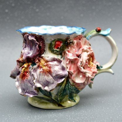 Porcelain Mug with Peony & Iris Design