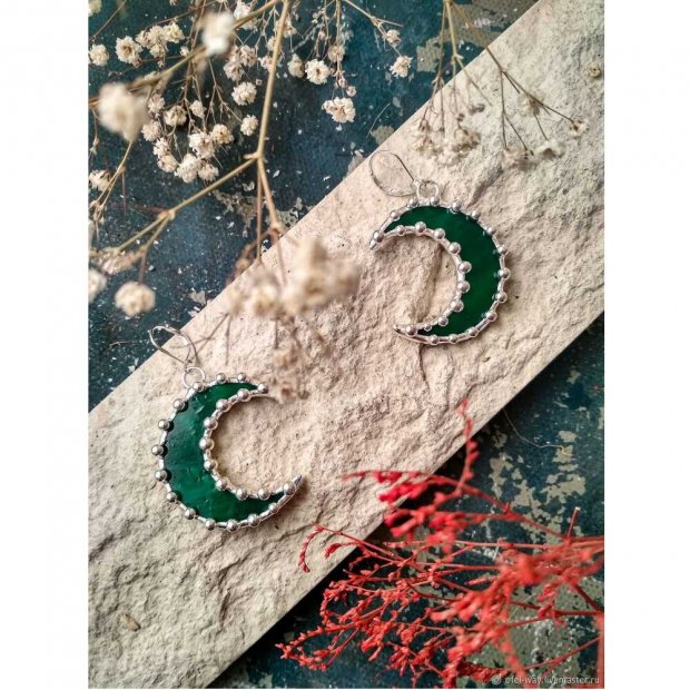 Silver Plated Green Moons Earrings