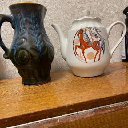 I’m giving away a pitcher and a teapot. In exchange for some cooking oil.