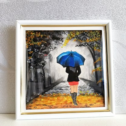 Painting "Autumn Melancholy," a young woman with an umbrella. Oil pastel.