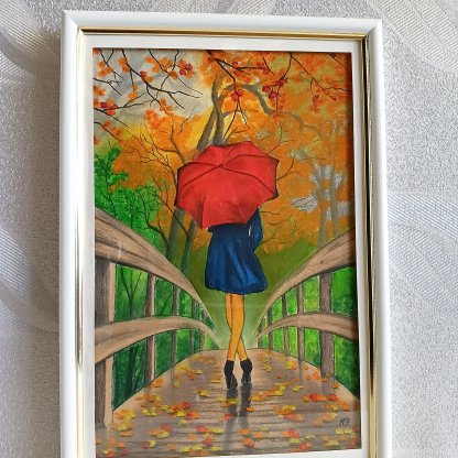 Painting "Autumn Bridge", oil pastel, 22×32 cm