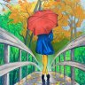 Painting "Autumn Bridge", oil pastel, 22×32 cm