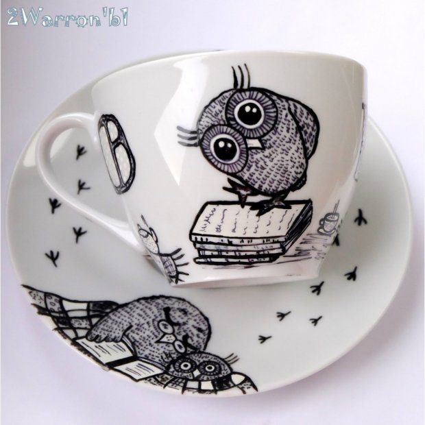 Owls (Black and White) Mug with Saucer