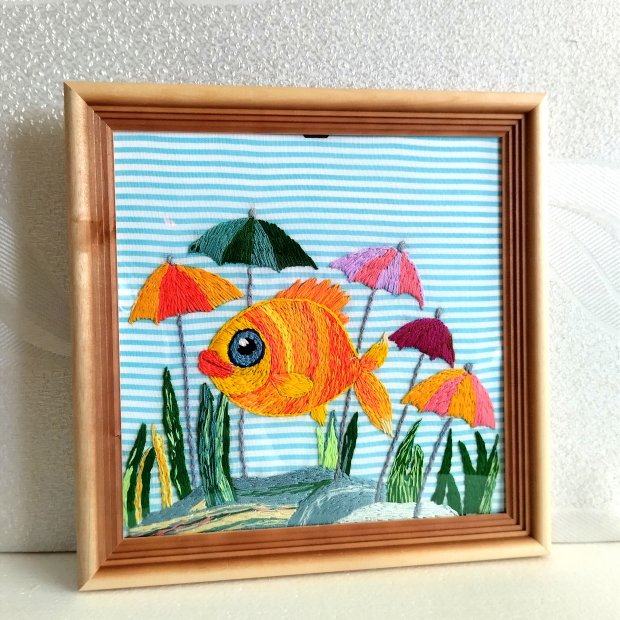 "Fish and Umbrellas" embroidered picture — handmade, satin stitch, in a 23 cm frame.