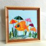 "Fish and Umbrellas" embroidered picture — handmade, satin stitch, in a 23 cm frame.