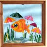 "Fish and Umbrellas" embroidered picture — handmade, satin stitch, in a 23 cm frame.