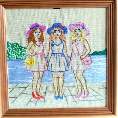 Three Girlfriends by the Water: Satin Stitch Embroidery