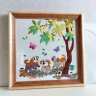 Puppies in a blooming garden. Picture, embroidery, satin stitch.