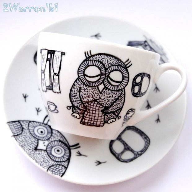 Knitting Owl (Black and White) Mug with Saucer