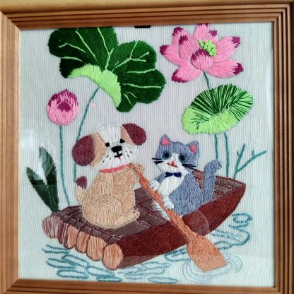 "Cat and Dog in a Boat" Satin-Stitch Embroidery, 23 cm