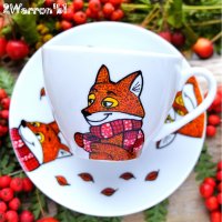 Fox in Scarf Mug with Saucer