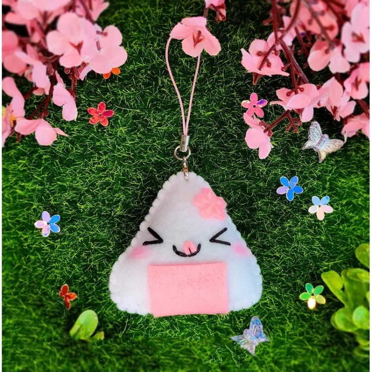 Onigiri With Closed Pink Eyes Plush Keychain