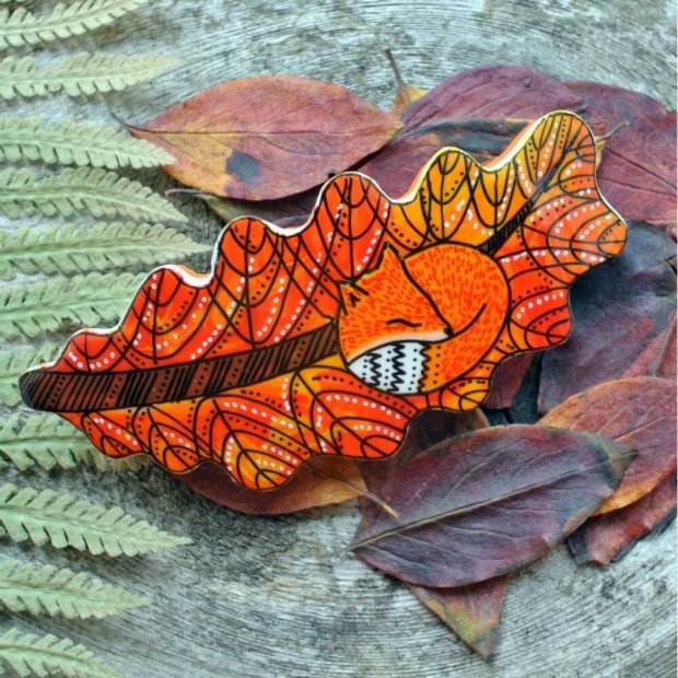 Sleeping Fox on Leaf Barrette