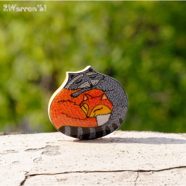 Fox and Raccoon Brooch